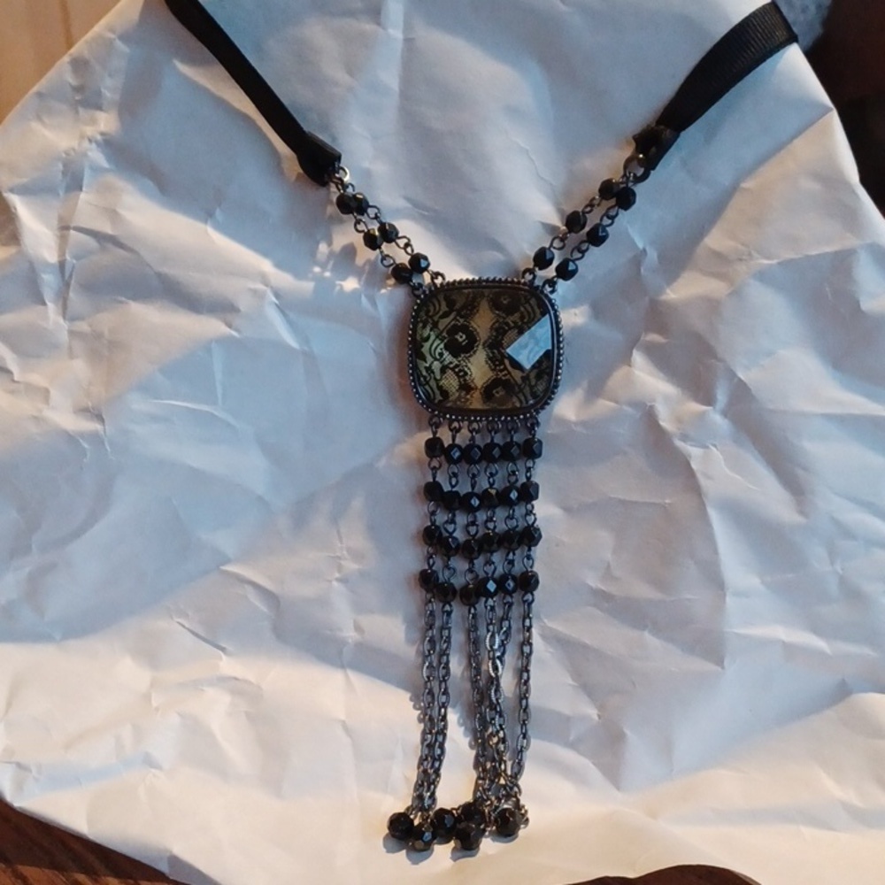 1928 Necklace Black and Yellow Rhinestones Dark Silver Tone, lace design